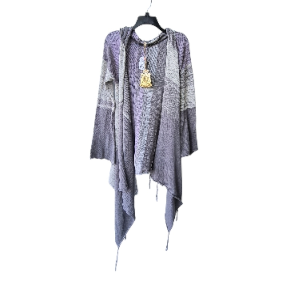 Elan Purple and Gray Women's Cozy Lightweight Hooded Fringed Cardigan OS NWT